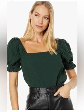 Elegant Hunter Green Cotton Madewell Square Neck Top Puff Sleeve Crop Blouse L